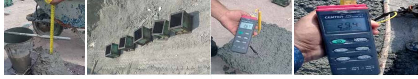 Slump test, concrete cube moulds and concrete temperature readings on site