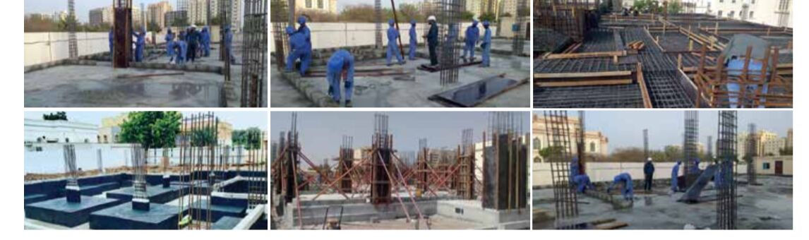 Crew fixing formwork and steel reinforcement for columns and slabs